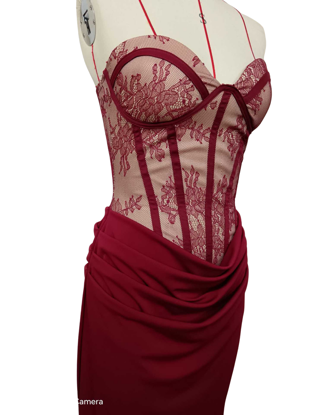 Strapless maxi dress with a lace design, back tie, and satin pleats – Larian
