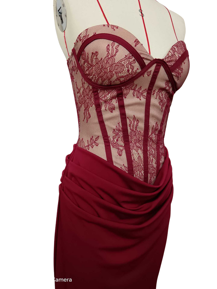 Strapless maxi dress with a lace design, back tie, and satin pleats – Larian