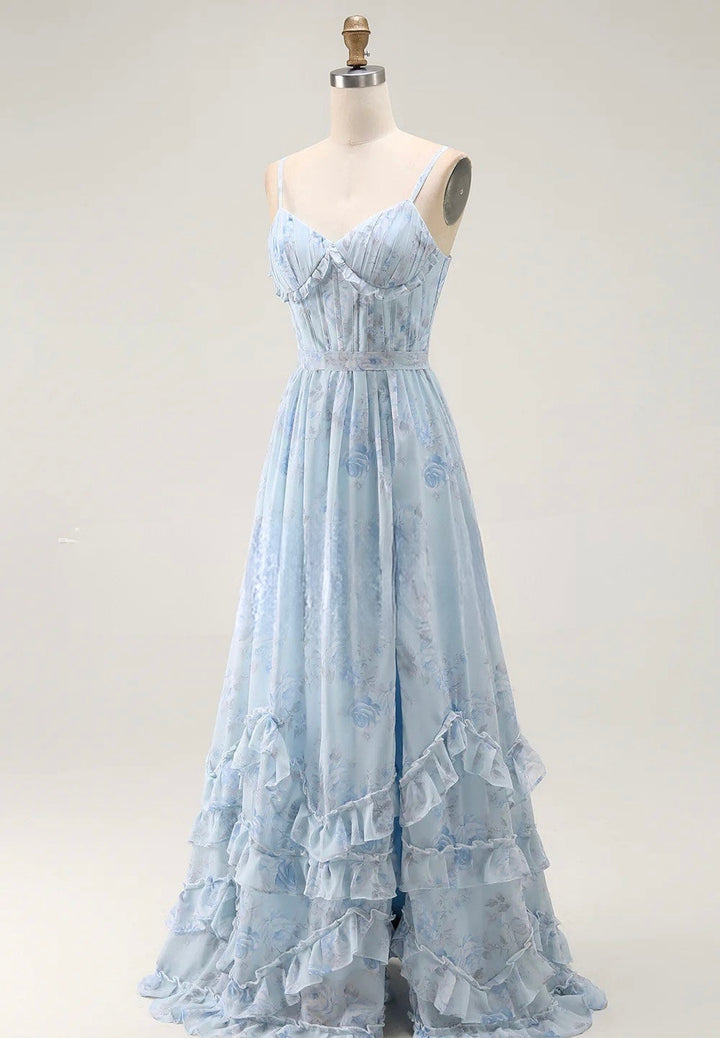 Floral chiffon ruffled maxi dress with a slit design – Isabella