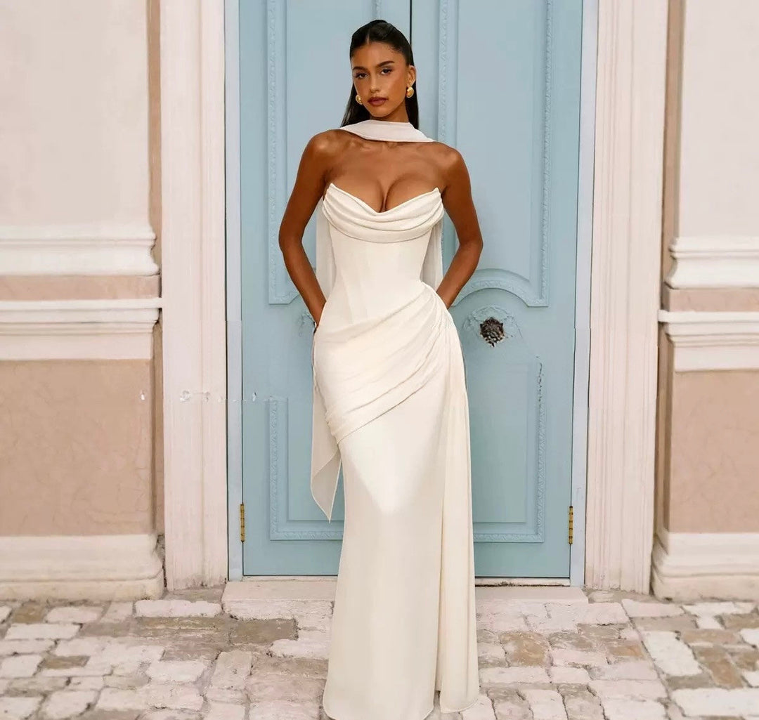 Strapless maxi dress with a back tie for a cinched waist, ruching, and a train – orin