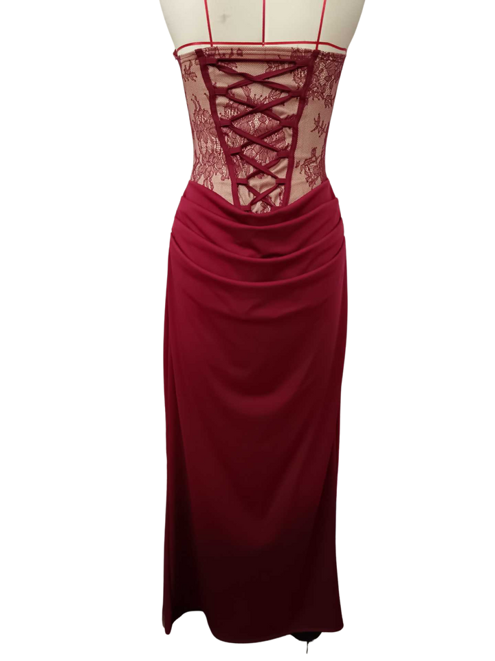 Strapless maxi dress with a lace design, back tie, and satin pleats – Larian