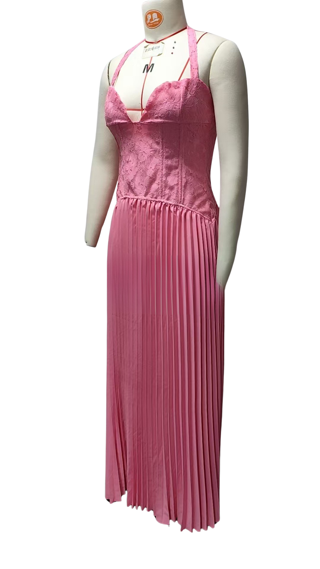 Pleated maxi dress with a lace design, back tie, and waist fastening - MELIA