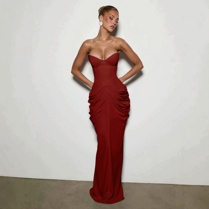 Nalia strapless maxi dress with pleats, corset design, back tie, and waist-cinching fit