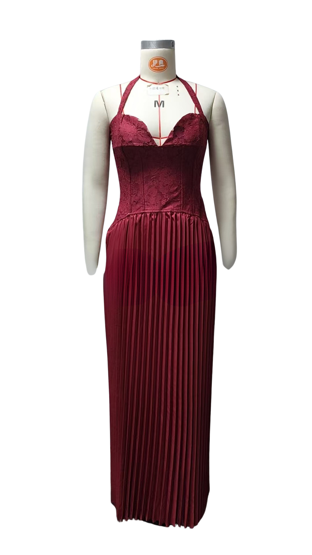 Pleated maxi dress with a lace design, back tie, and waist fastening - MELIA