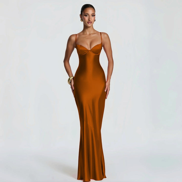 Alaia satin maxi dress with a back tie and waist-cinching design