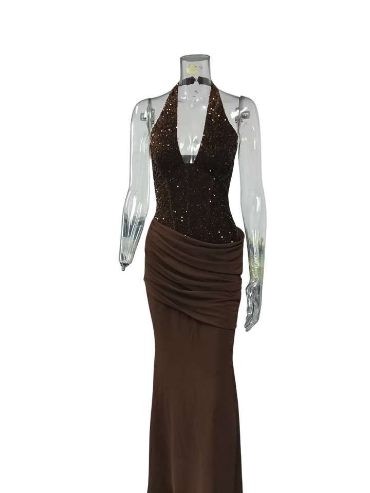 Maxi dress with sequin design, back closure, open back, tie at the back to attach at the waist - Liana