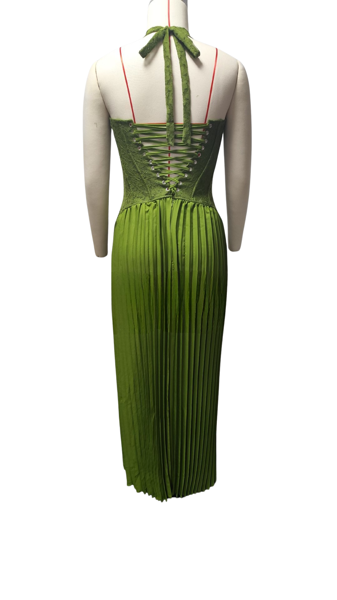 Pleated maxi dress with a lace design, back tie, and waist fastening - MELIA