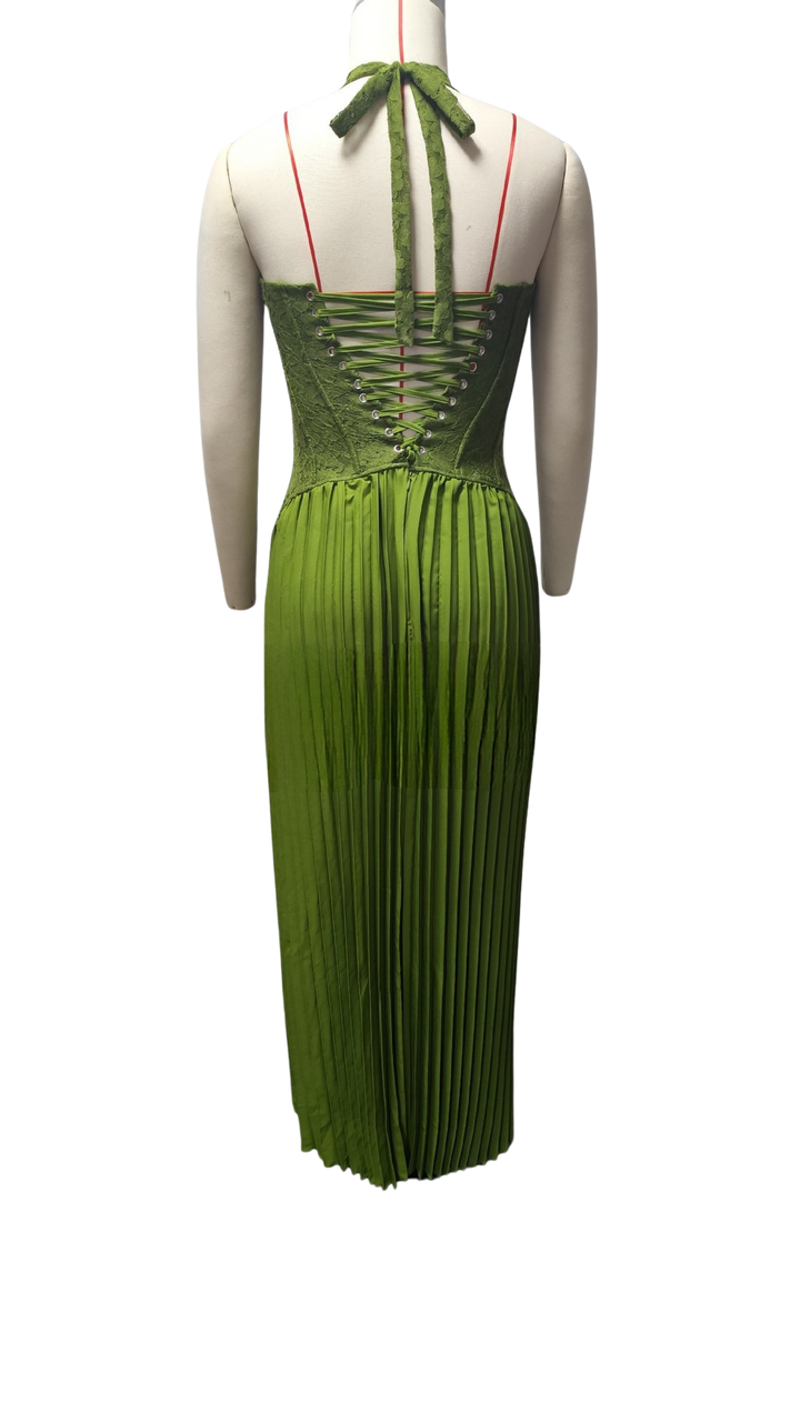 Pleated maxi dress with a lace design, back tie, and waist fastening - MELIA
