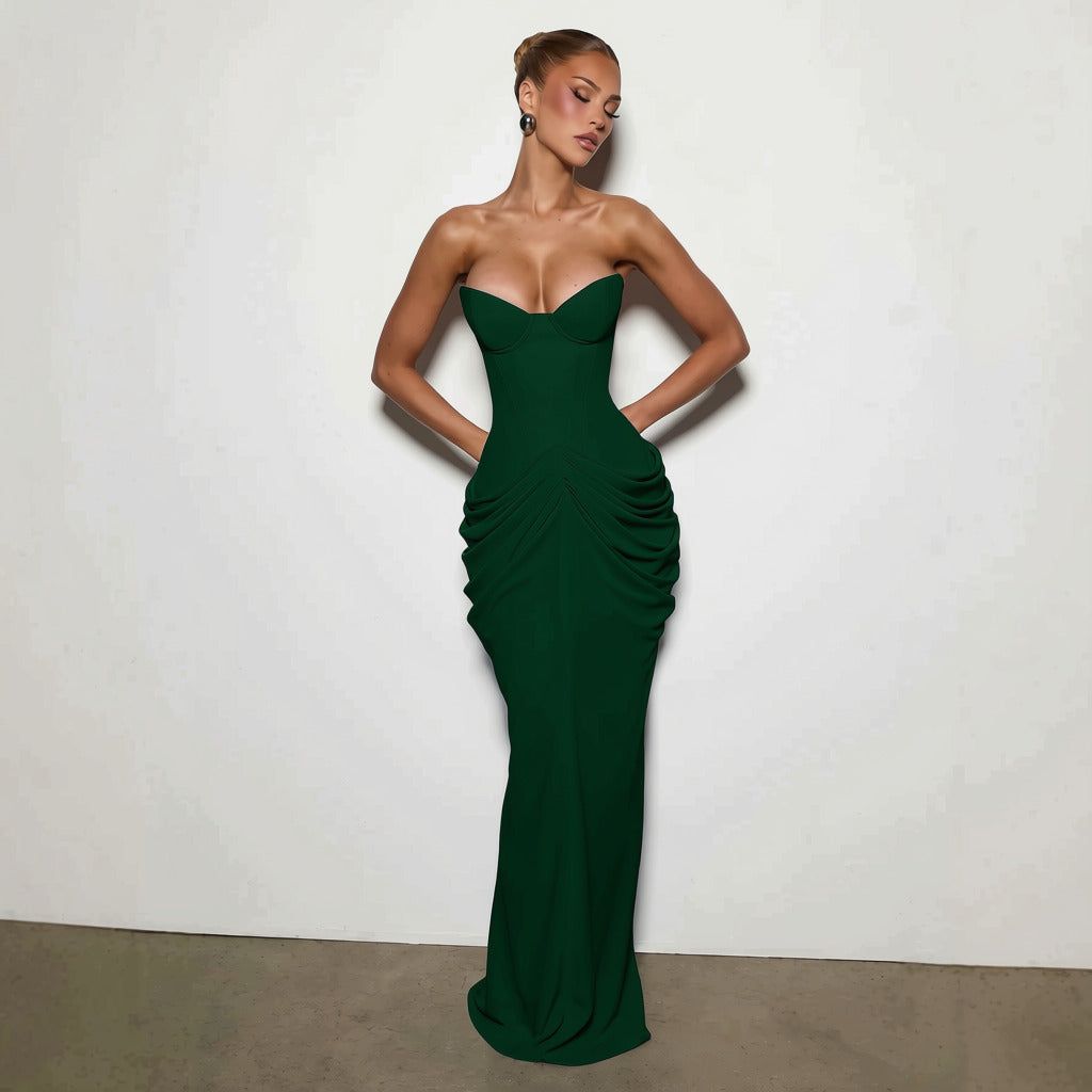 Nalia strapless maxi dress with pleats, corset design, back tie, and waist-cinching fit