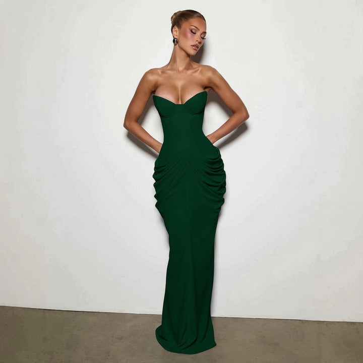 Nalia strapless maxi dress with pleats, corset design, back tie, and waist-cinching fit