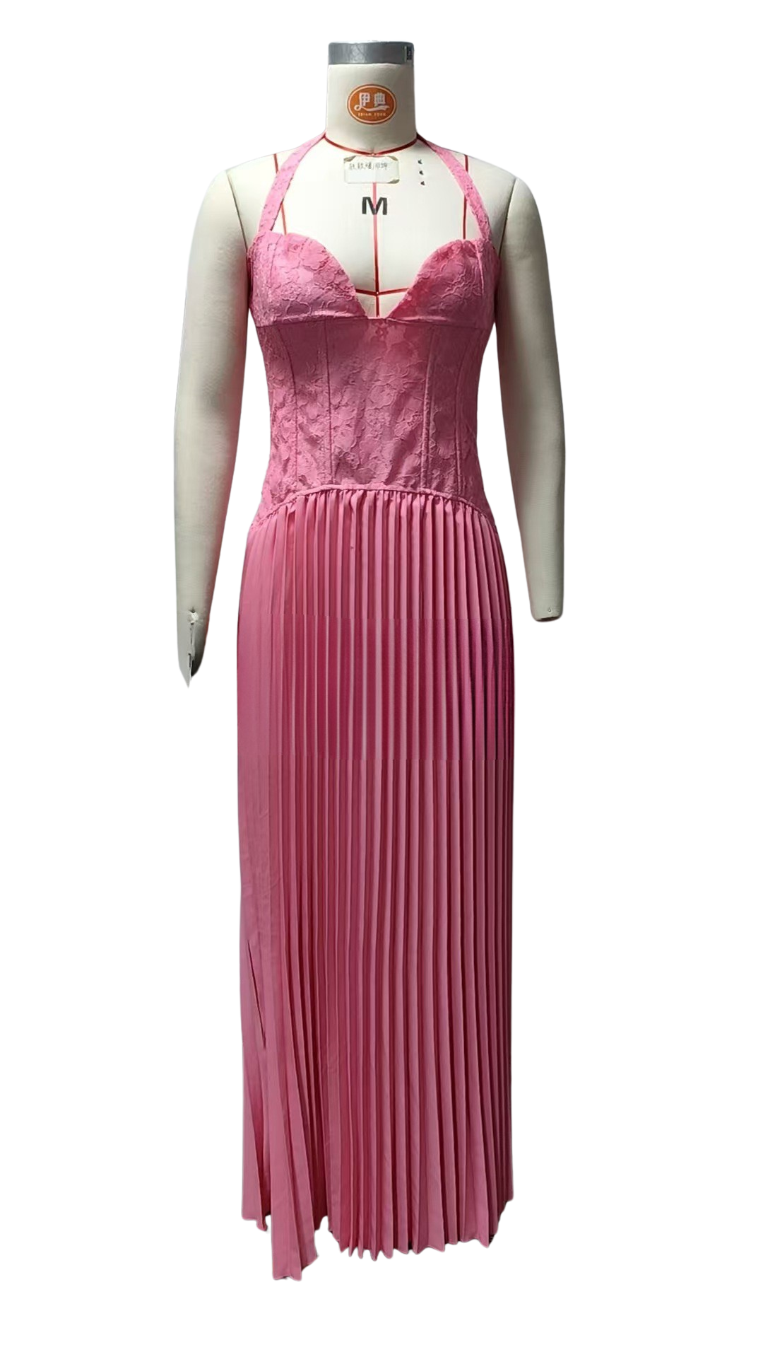 Pleated maxi dress with a lace design, back tie, and waist fastening - MELIA