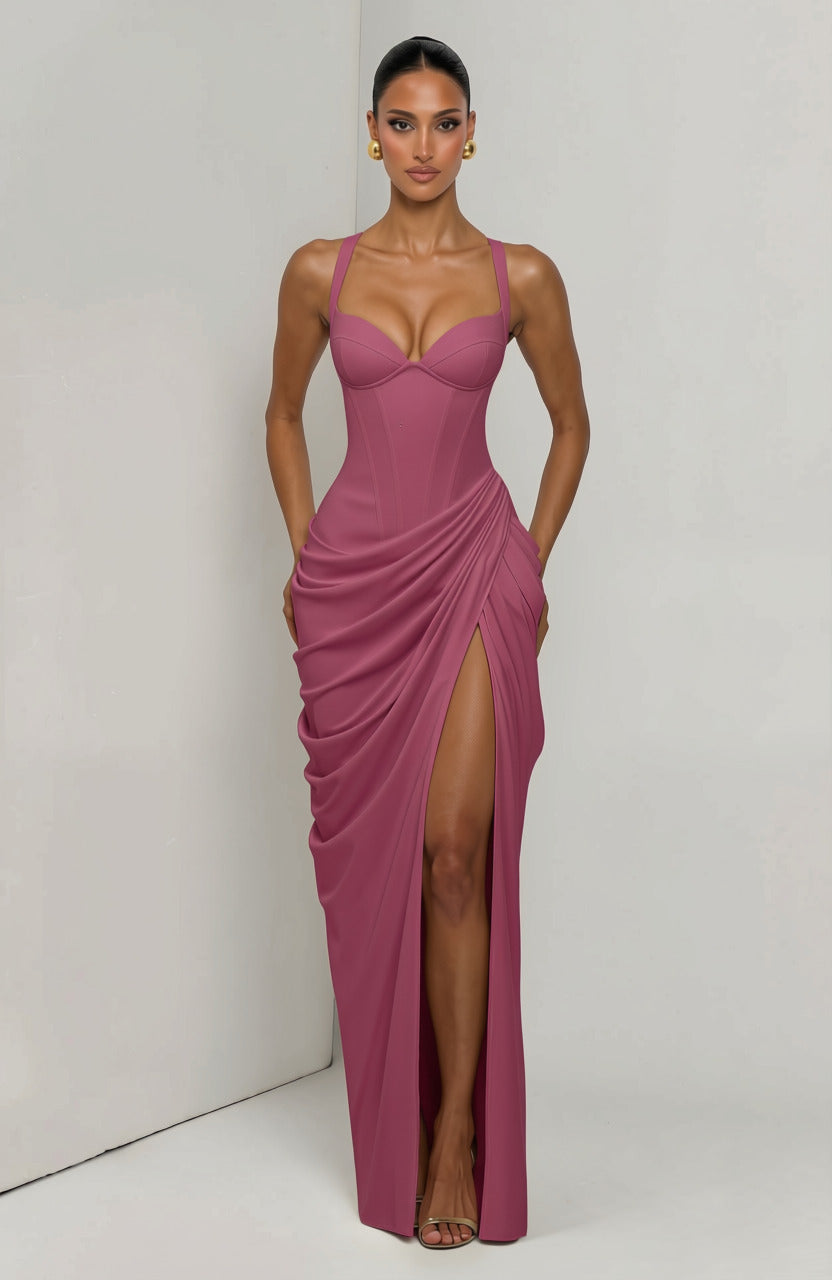 Layla maxi dress with a slit, pleats, corset design, back tie, and waist-cinching fit